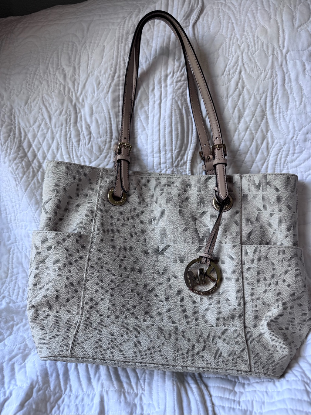 Michael Kors Neutral Beige Mk Logo Tote With Pale Taupe Straps